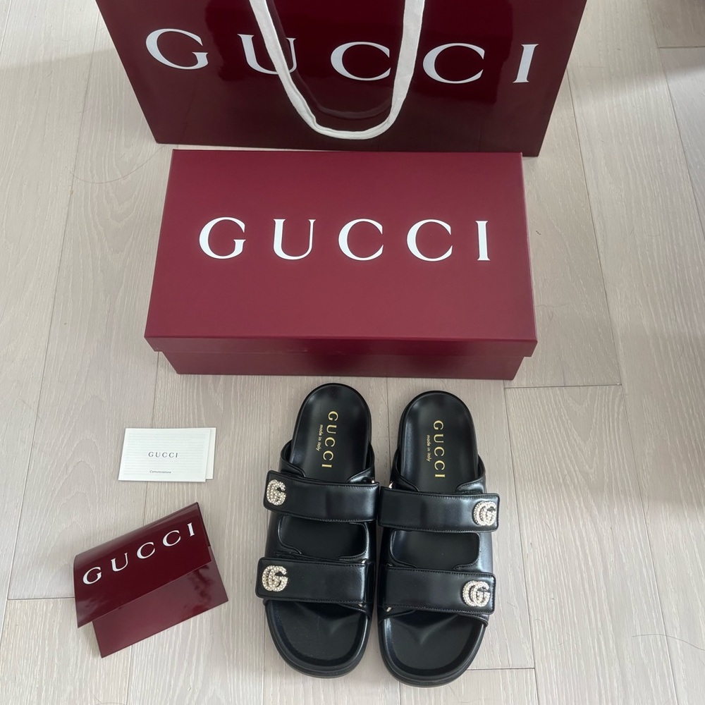 Gucci Black Leather Double-Strap Slide Sandals with Crystal GG Accents - Picture 6 of 7